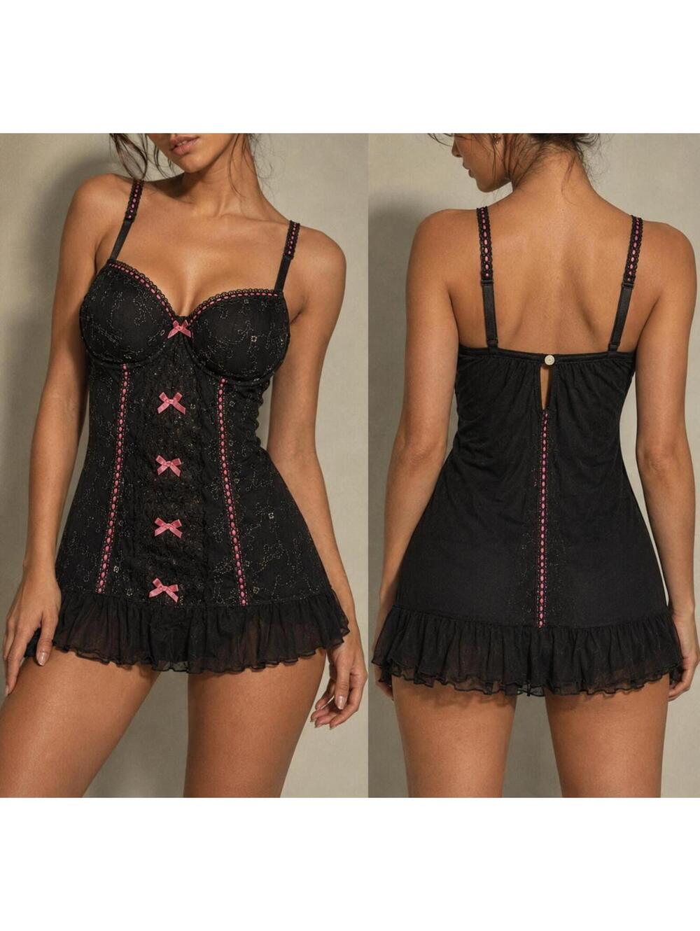 Vintage Native Intimates Black Lace Corset Lingerie Dress w Pink Ribbons 36B